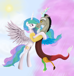 Size: 3852x4000 | Tagged: safe, artist:kaleysia, discord, princess celestia, g4, female, flying, hug, male, nuzzling, ship:dislestia, shipping, straight