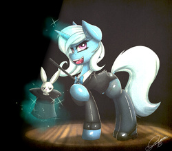Size: 1252x1096 | Tagged: safe, artist:gamermac, angel bunny, trixie, pony, unicorn, g4, bunny out of the hat, clothes, female, hat, magic, magic trick, mare, solo, spotlight, suit, telekinesis, top hat, wand
