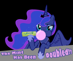 Size: 1000x836 | Tagged: artist needed, safe, princess luna, alicorn, pony, g4, bubblegum, crown, doublemint gum, ethereal mane, female, food, hoof shoes, jewelry, lidded eyes, mare, puffy cheeks, pun, regalia, solo, starry mane, the fun has been bubbled