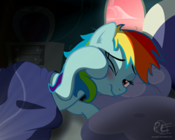 Size: 2000x1600 | Tagged: safe, artist:ponyecho, part of a set, rainbow dash, pegasus, pony, g4, bed, bed hair, bedroom, blanket, blushing, cute, dashabetes, female, lidded eyes, lying on bed, mare, messy mane, morning ponies, one eye closed, pillow, ponyecho is trying to murder us, rainbow dash's bedroom, rainbow dash's house, show accurate, signature, sleepy, solo, sunrise
