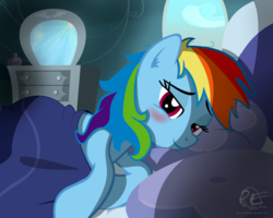 Size: 2000x1600 | Tagged: safe, artist:ponyecho, part of a set, rainbow dash, pegasus, pony, g4, bed, bed hair, bedroom, blanket, blushing, cute, dashabetes, female, lidded eyes, looking at you, mare, messy mane, morning ponies, offscreen character, pillow, ponyecho is trying to murder us, pov, rainbow dash's bedroom, rainbow dash's house, show accurate, signature, smiling, solo