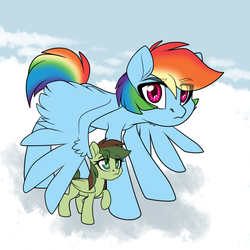 Size: 800x800 | Tagged: safe, artist:rainbowdrool, rainbow dash, oc, oc:storm razer, tumblr:from dust to mist, g4, crack shipping, duo, duo female, female, filly, from dust to mist, offspring, parent:hoops, parent:rainbow dash, parents:rainhoops, protecting, rainbow mom