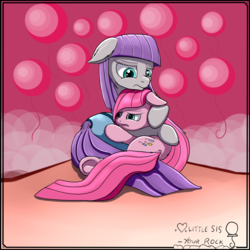 Size: 1024x1024 | Tagged: safe, artist:setonlr, maud pie, pinkie pie, g4, cuddling, floppy ears, pinkamena diane pie, sad, snuggling