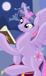 Size: 1100x1800 | Tagged: safe, artist:theroyalprincesses, twilight sparkle, alicorn, pony, g4, book, female, mare, moon, reading, solo, twilight sparkle (alicorn)