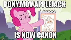 Size: 480x270 | Tagged: safe, edit, edited screencap, screencap, applejack, pinkie pie, earth pony, pony, .mov, apple.mov, g4, too many pinkie pies, applesauce, bipedal, caption, female, flipchart, mare, meme, pointing, solo