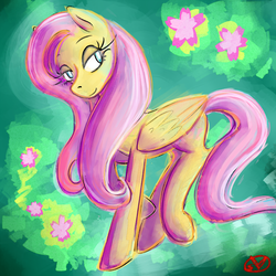 Size: 1000x1000 | Tagged: safe, artist:ryuredwings, fluttershy, g4, bedroom eyes, female, folded wings, looking at you, raised hoof, solo