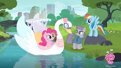 Size: 1438x810 | Tagged: safe, maud pie, pinkie pie, rainbow dash, earth pony, pegasus, pony, swan, g4, official, season 6, the gift of the maud pie, boat, corral park, facebook, female, manehattan, mare, plants, promo, river, swan boat, teaser, tree, water
