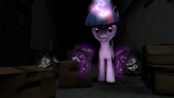 Size: 3840x2160 | Tagged: safe, artist:derpyhooves216, twilight sparkle, g4, 3d, box, cardboard box, dual wield, female, gun, high res, pistol, solo, source filmmaker, usp, weapon