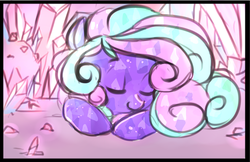 Size: 1072x695 | Tagged: safe, artist:starshinebeast, oc, oc only, oc:lucid dream, crystal pony, pony, cave, crystal, female, filly, foal, sleeping, solo