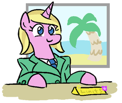 Size: 519x441 | Tagged: safe, artist:jargon scott, oc, oc only, oc:limit state, pony, unicorn, semi-anthro, c:, clothes, cute, desk, necktie, picture, shoulder pads, smiling, solo, sticker, suit