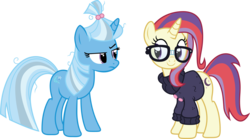 Size: 7824x4339 | Tagged: safe, artist:1992zepeda, moondancer, trixie, pony, unicorn, g4, absurd resolution, alternate hairstyle, clothes, cute, dancerbetes, female, glasses, mane swap, mare, messy mane, simple background, sweater