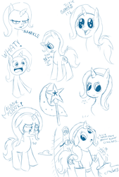 Size: 1181x1748 | Tagged: safe, artist:trixeed, trixie, pony, unicorn, g4, crying, female, filly, happy, mare, monochrome, sad, sketch dump, solo, unamused, younger
