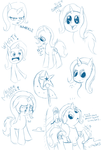 Size: 1181x1748 | Tagged: safe, artist:trixeed, trixie, pony, unicorn, g4, crying, female, filly, happy, mare, monochrome, sad, sketch dump, solo, unamused, younger