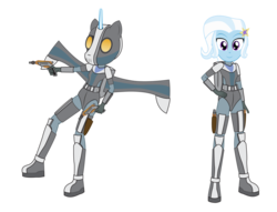 Size: 1021x782 | Tagged: safe, artist:amante56, trixie, equestria girls, g4, armor, blaster, bounty hunter, duel of the fates, energy weapon, female, gun, helmet, jango fett, mandalorian, simple background, solo, star wars, this will end in death, weapon