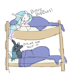 Size: 540x565 | Tagged: safe, artist:nobody, princess celestia, queen chrysalis, g4, annoyed, bed, blanket, brolestia, bunk bed, dork, dorkalis, floppy ears, frown, glare, open mouth, simple background, smiling, tired, white background