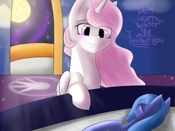 Size: 2000x1500 | Tagged: safe, artist:fierymeyno, princess celestia, princess luna, alicorn, pony, crepuscular rays, dialogue, duo, duo female, eye clipping through hair, eyes closed, female, filly, foal, folded wings, lying down, moon, moonlight, pink-mane celestia, sleeping, wings, woona, younger