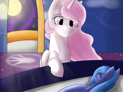 Size: 2000x1500 | Tagged: safe, artist:fierymeyno, princess celestia, princess luna, g4, crepuscular rays, filly, moon, moonlight, sleeping, woona, younger