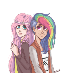 Size: 540x591 | Tagged: safe, artist:audraviolet, fluttershy, rainbow dash, human, g4, humanized, simple background