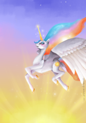 Size: 2409x3436 | Tagged: safe, artist:soirema-pl, princess celestia, alicorn, pony, g4, female, flying, high res, mare, solo