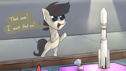 Size: 3000x1687 | Tagged: safe, artist:marsminer, oc, oc only, oc:keith, colt, dialogue, excited, happy, male, open mouth, rocket, smiling, solo, toy, underhoof, window, young