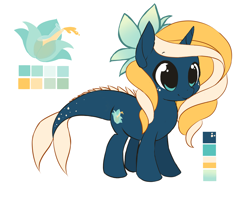 Size: 4001x3176 | Tagged: safe, artist:starshinebeast, oc, oc only, oc:tidal charm, aquapony, pony, unicorn, cute, female, filly, flower, flower in hair, foal, reference sheet, seaunicorn, simple background, smiling, solo, white background