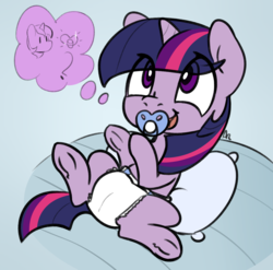 Size: 1390x1376 | Tagged: safe, artist:ariot, twilight sparkle, pony, unicorn, g4, baby, baby pony, babylight sparkle, cute, diaper, female, foal, implied shining armor, pacifier, pillow, simple background, solo, thought bubble, twiabetes, underhoof, younger