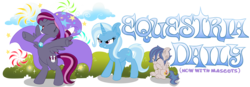 Size: 3100x1080 | Tagged: safe, trixie, oc, oc:rocket tier, oc:spotlight splash, pegasus, pony, unicorn, equestria daily, accessory theft, banner, cape, clothes, cloud, colt, ear fluff, equestria daily mascots, eyes closed, female, fireworks, freckles, giggling, glare, hat, laughing, male, mare, mascot, rearing, sitting, standing, stifling laughter, tail wrap, trixie is not amused, trixie's cape, trixie's hat, unamused