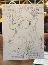 Size: 768x1024 | Tagged: safe, artist:andypriceart, princess luna, beads, cake, female, food, king cake, mardi gras, new orleans, solo, tongue out, traditional art