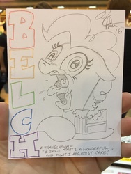 Size: 768x1024 | Tagged: safe, artist:andypriceart, pinkie pie, earth pony, pony, g4, bite mark, burp, cake, female, food, mare, solo, traditional art, wavy mouth