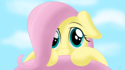 Size: 1920x1080 | Tagged: safe, artist:infinitoa, fluttershy, g4, female, filly, filly fluttershy, hiding behind tail, looking at you, shy, solo