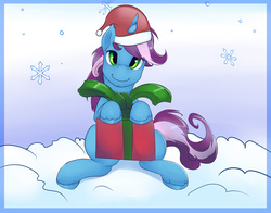 Size: 4400x3458 | Tagged: safe, artist:viwrastupr, oc, oc only, oc:gyro tech, pony, unicorn, christmas, cute, hat, present, santa hat, snow, snowfall, snowflake
