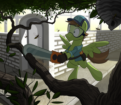 Size: 1024x888 | Tagged: safe, artist:sslug, douglas spruce, evergreen, pegasus, pony, wasp, g4, background pony, chainsaw, flying, goggles, hat, male, oh crap, stallion, this will end in pain, tree