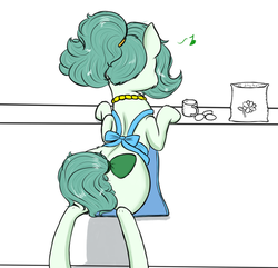 Size: 1651x1594 | Tagged: safe, artist:hipsanon, oc, oc:emerald jewel, colt quest, apron, child, clothes, colt, counter, egg, egg (food), femboy, flour, flower, foal, food, kitchen, male, measuring cup, plant, powder (substance), sack, simple background, strategically covered, tail bow, tail censor, trap, white background