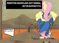 Size: 1280x931 | Tagged: safe, artist:nuka-kitty, part of a set, angel bunny, fluttershy, deathclaw, g4, buffout, clothes, drug use, drugs, fallout, flutterhulk, funny, jumpsuit, muscles, muscleshy, not even once, parody, rear view, vault suit, wasteland