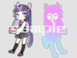 Size: 500x380 | Tagged: safe, artist:puzi, twilight sparkle, human, g4, book, clothes, eared humanization, female, horn, horned humanization, humanized, kneesocks, looking at you, schoolgirl, simple background, socks, solo, tailed humanization, watermark, winged humanization