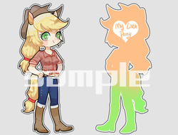 Size: 500x380 | Tagged: safe, artist:puzi, applejack, human, g4, boots, clothes, eared humanization, female, hand on hip, hat, humanized, jeans, looking at you, pants, simple background, solo, tailed humanization, watermark