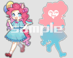Size: 500x400 | Tagged: safe, artist:puzi, pinkie pie, human, g4, balloon, clothes, cupcake, dress, eared humanization, female, food, hair bow, humanized, looking at you, simple background, solo, tailed humanization, watermark