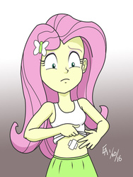 Size: 800x1064 | Tagged: safe, artist:mayorlight, fluttershy, equestria girls, g4, bandaid, clothes, digital art, female, midriff, shirt lift, skirt, solo, tank top