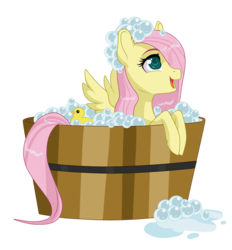 Size: 900x969 | Tagged: safe, artist:sugarcup, fluttershy, pegasus, pony, g4, bath, cute, ear fluff, female, filly, hair over one eye, happy, looking up, open mouth, open smile, rubber duck, shyabetes, simple background, smiling, solo, spread wings, tail, transparent background, wet, wet tail, wings