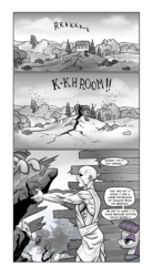 Size: 665x1207 | Tagged: safe, artist:pencils, marble pie, maud pie, oc, oc:anon, earth pony, human, pony, comic:anon's pie adventure, g4, awesome, barn, comic, female, holy shit, human male, male, mare, monochrome, super strength