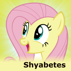 Size: 1799x1799 | Tagged: safe, artist:sollace, derpibooru exclusive, fluttershy, pegasus, pony, derpibooru, g4, cute, female, mare, meta, open mouth, show accurate, shyabetes, smiling, solo, spoilered image joke