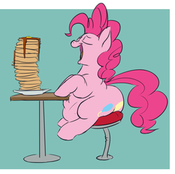 Size: 802x800 | Tagged: safe, artist:calorie, pinkie pie, earth pony, pony, g4, belly, butt, eyes closed, fat, female, food, obese, open mouth, pancakes, piggy pie, plot, pudgy pie, sitting, smiling, solo, stool, table