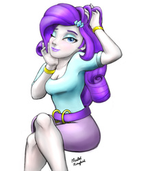 Size: 819x976 | Tagged: safe, artist:mentalmongloid, rarity, equestria girls, g4, crossed legs, female, lipstick, looking at you, simple background, smiling, solo, white background, wink