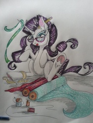 Size: 1024x1365 | Tagged: safe, artist:penkatshi, rarity, g4, female, ribbon, sketch, solo, traditional art, underhoof