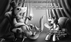 Size: 1250x731 | Tagged: safe, artist:jamescorck, oc, oc only, oc:movie slate, shark, deep blue sea, hat, monochrome, monocle, monocle and top hat, pipe, smoking, top hat