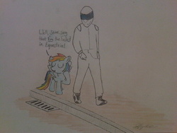 Size: 2048x1536 | Tagged: safe, artist:skyline333, rainbow dash, human, pegasus, pony, g4, the stig, top gear, traditional art