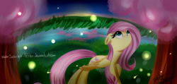 Size: 4724x2244 | Tagged: safe, artist:scarlett-letter, fluttershy, firefly (insect), pony, g4, female, night, solo, wondering