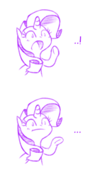 Size: 650x1156 | Tagged: safe, artist:raridashdoodles, edit, rarity, pony, g4, ..., :o, :t, bust, can't argue with that, cropped, cute, exclamation point, female, frown, meme, monochrome, open mouth, raised hoof, raribetes, reaction image, simple background, solo, underhoof, white background, wide eyes