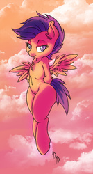 Size: 536x1000 | Tagged: safe, artist:dfectivedvice, artist:firebird145, scootaloo, g4, belly button, chest fluff, cloud, female, flying, looking at you, scootaloo can fly, solo, sunset