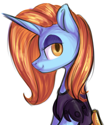 Size: 1024x1210 | Tagged: safe, artist:starlyfly, sassy saddles, pony, unicorn, g4, clothes, female, lidded eyes, looking at you, profile, simple background, smiling, solo, white background